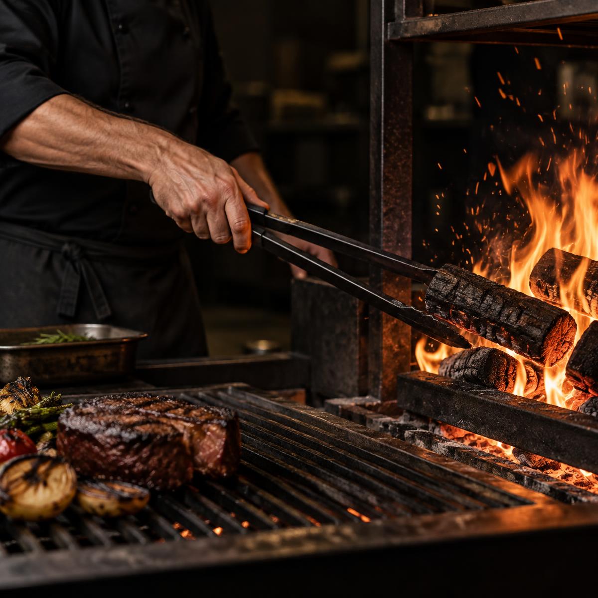 Chef conduzindo o fogo na parrilla