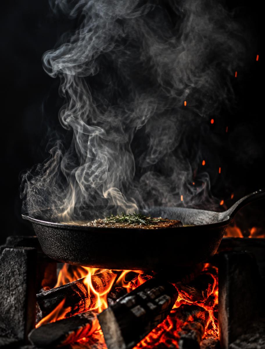 Fumaça sobre panela de ferro e brasas