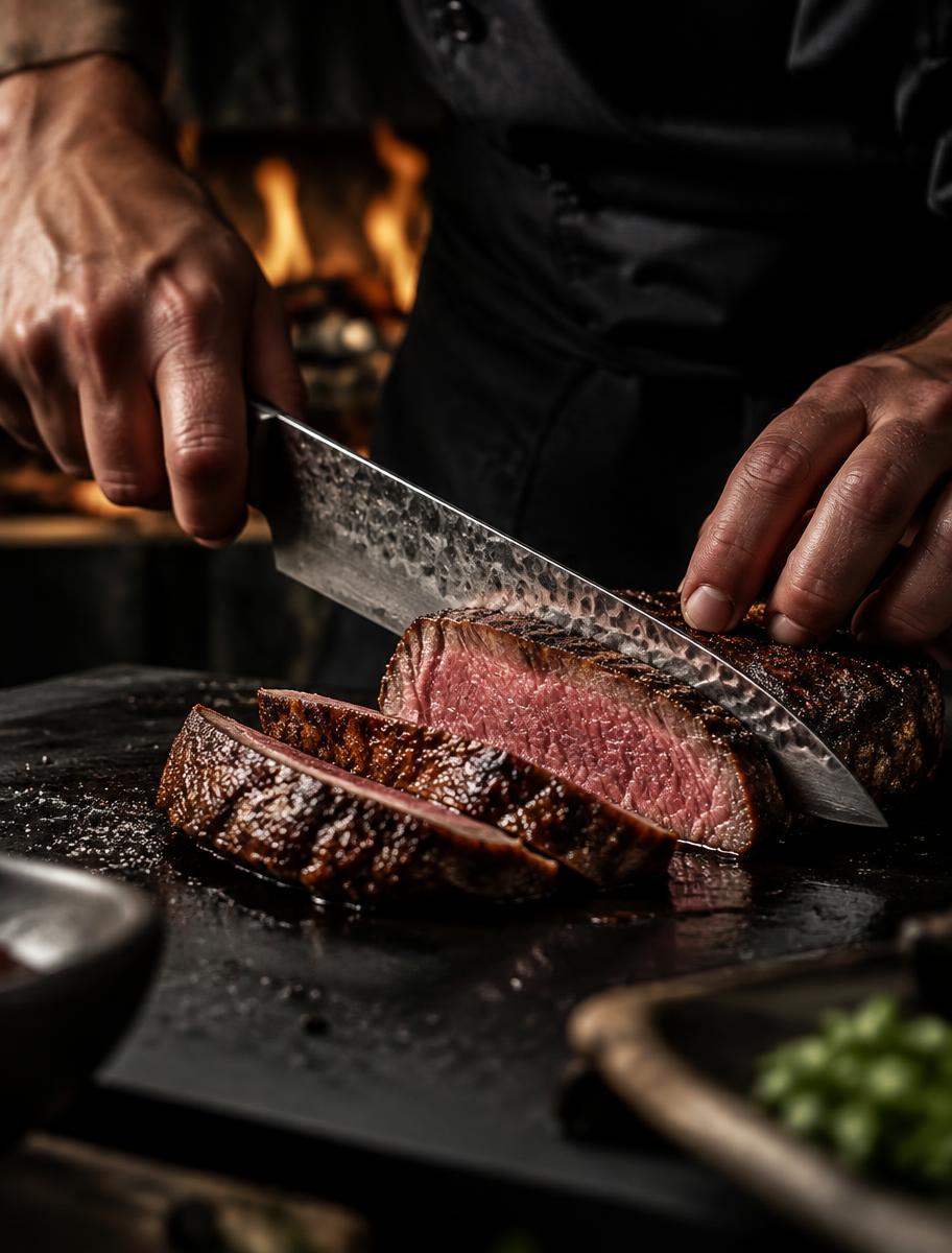Chef fatiando carne com precisão